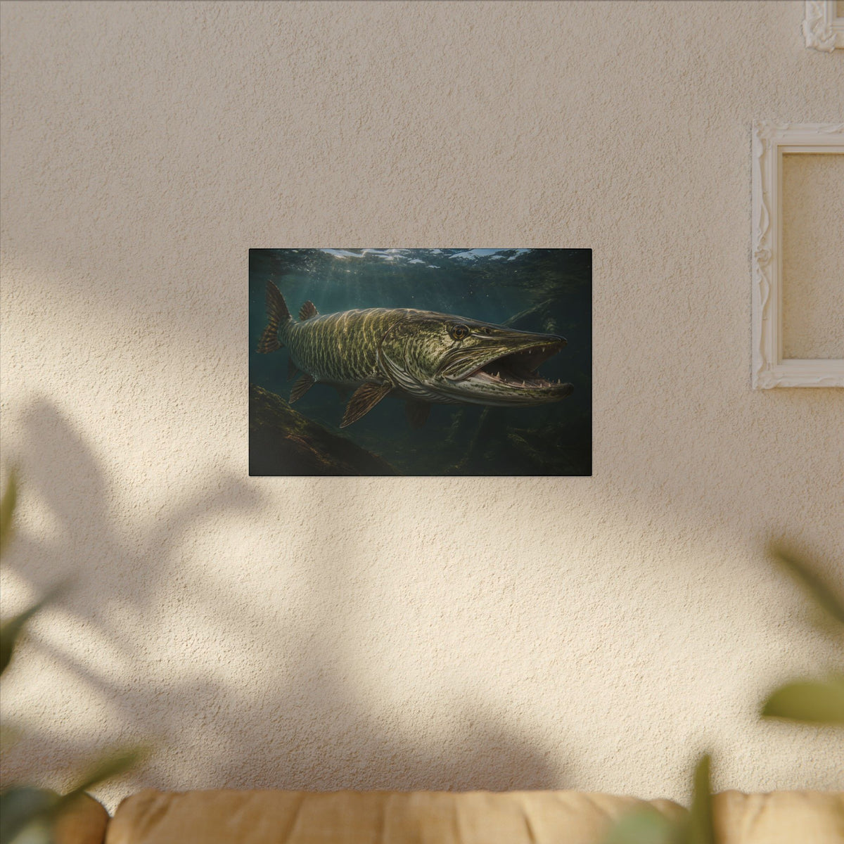 The River King Muskie canvas hanging in a living room