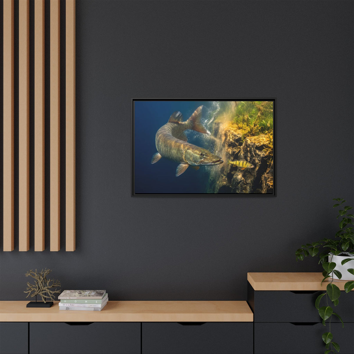Muskie Drop-Off Chase framed canvas in a home office