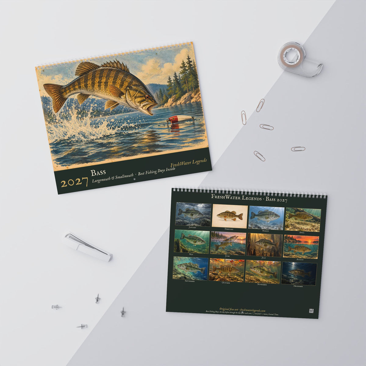 2027 Bass Wall Calendar — Largemouth & Smallmouth Fish Art with Best Fishing Days