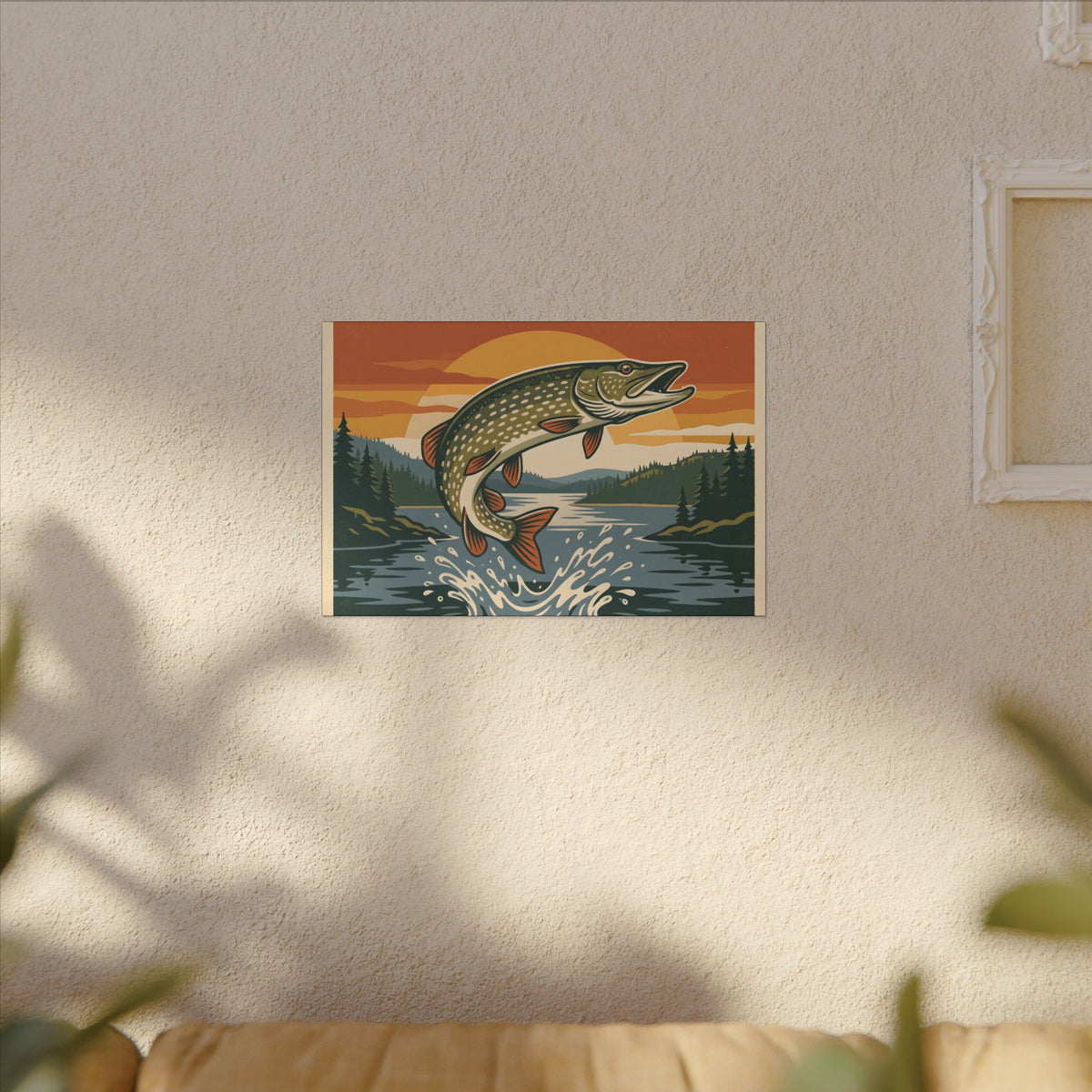 Vintage Lodge Northern Pike canvas hanging in a living room