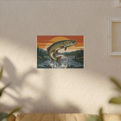 Vintage Lodge Northern Pike canvas hanging in a living room