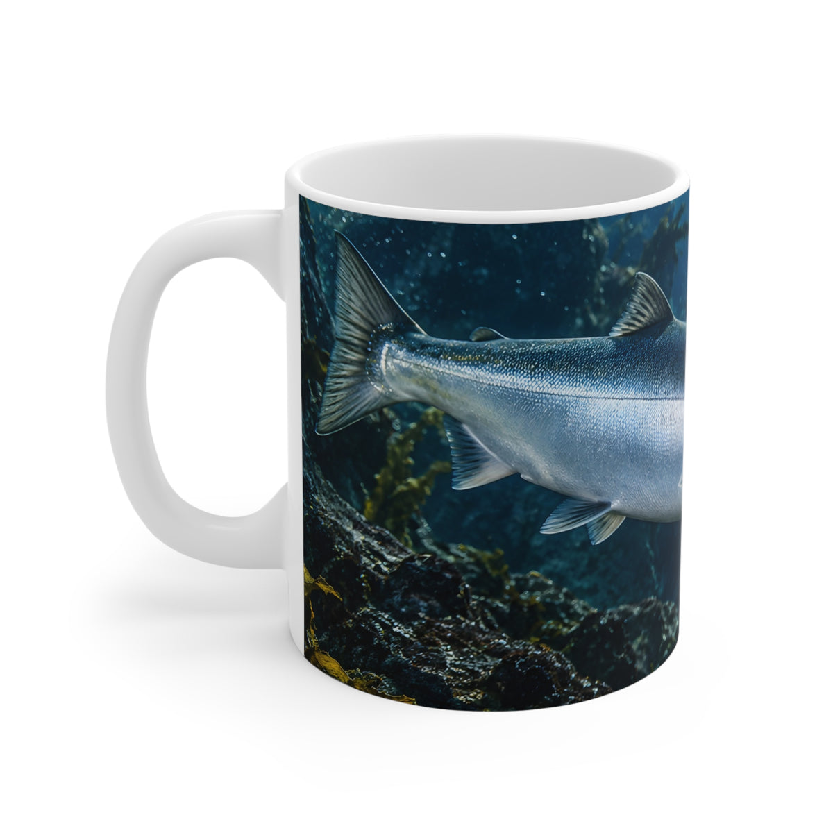 Autumn Glacier Run Salmon coffee mug, handle on the left