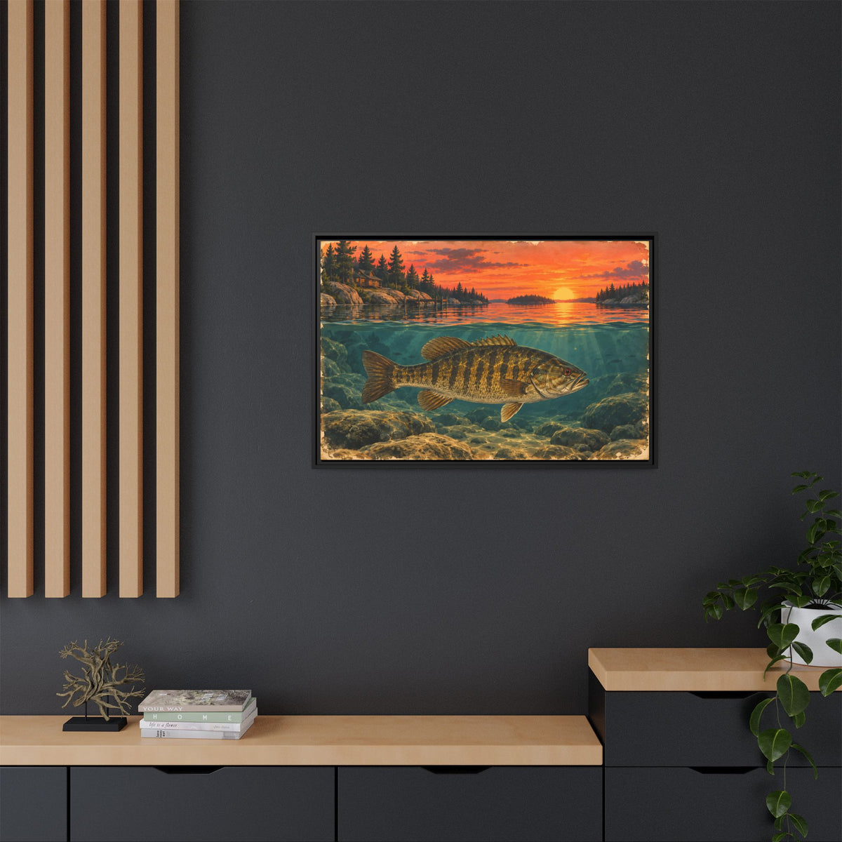 Vintage Sunset Lake Smallmouth Framed Canvas wall art, view 6