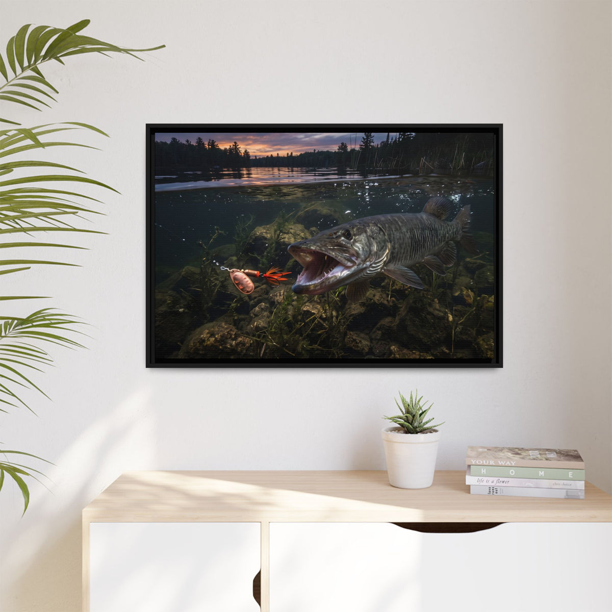 Sunset Spinner Strike Muskie framed canvas hanging in a living room