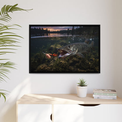 Sunset Spinner Strike Muskie framed canvas hanging in a living room