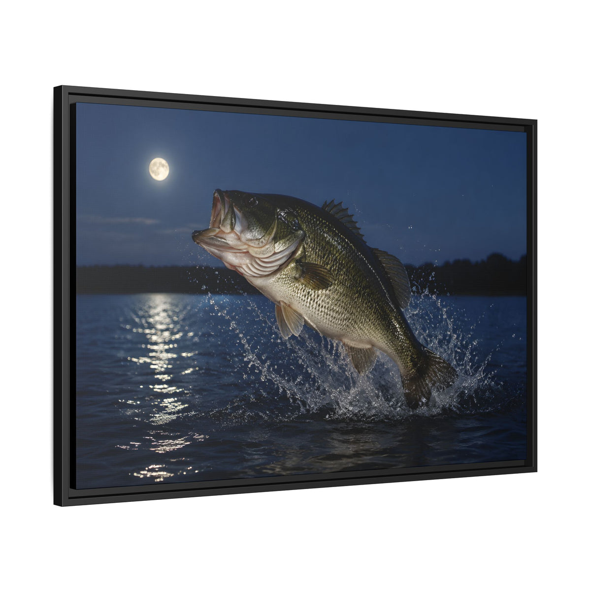 Moonlit Jump Largemouth Bass framed canvas side angle