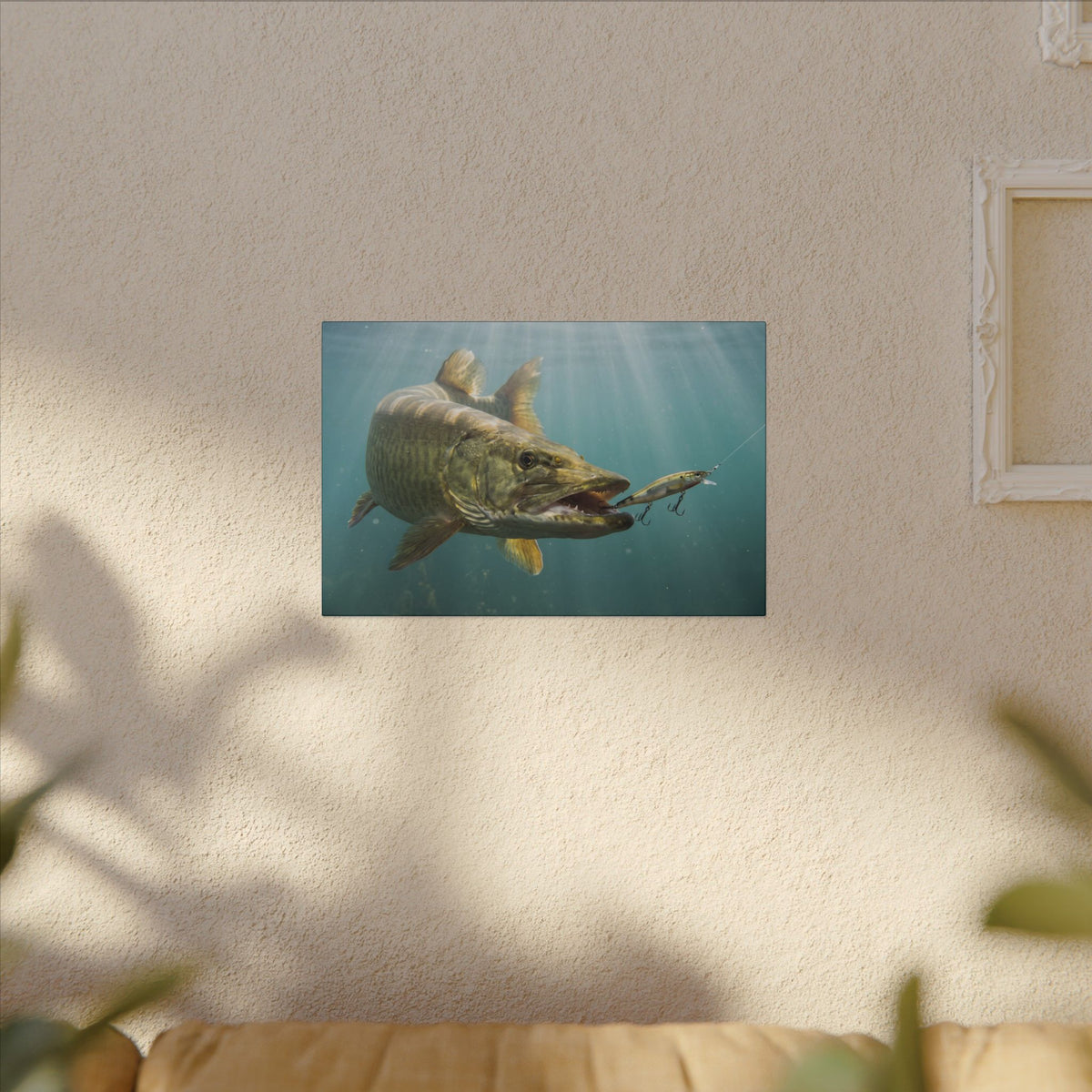 Chrome Jerkbait Strike Muskie canvas hanging in a living room