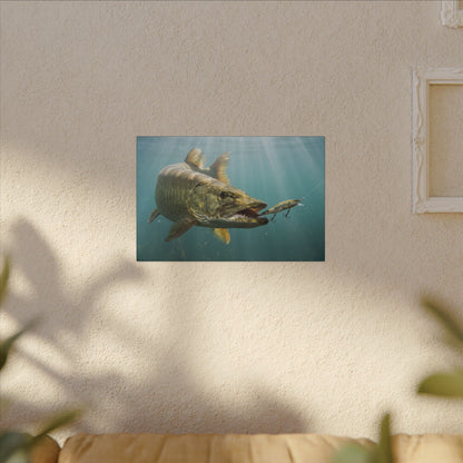Chrome Jerkbait Strike Muskie canvas hanging in a living room
