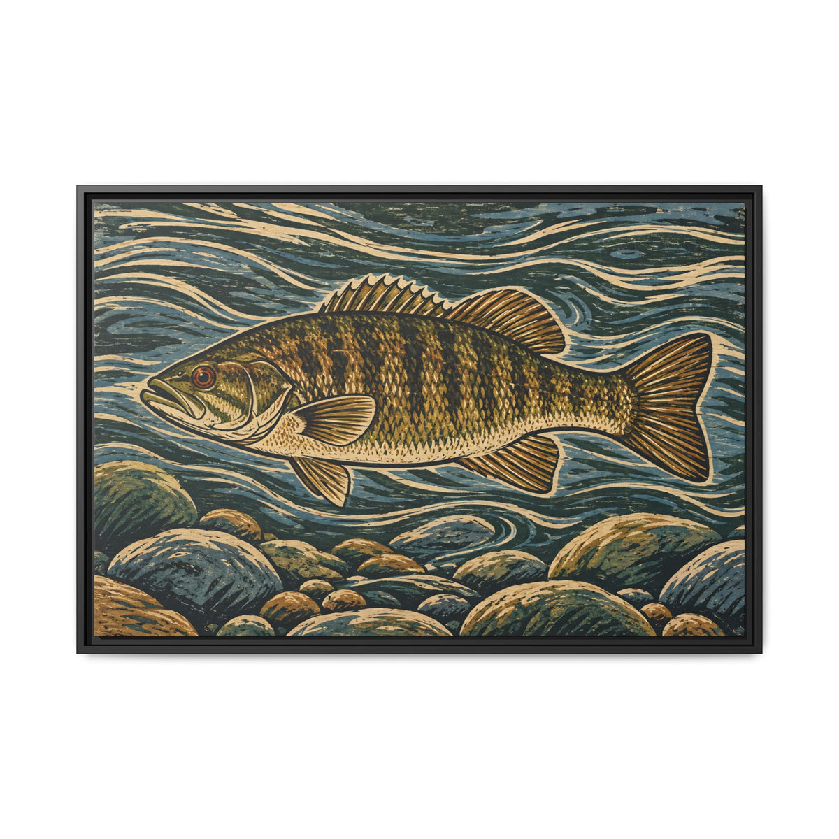 A woodblock-style smallmouth bass swimming through swirling river current, fishing wall art framed canvas