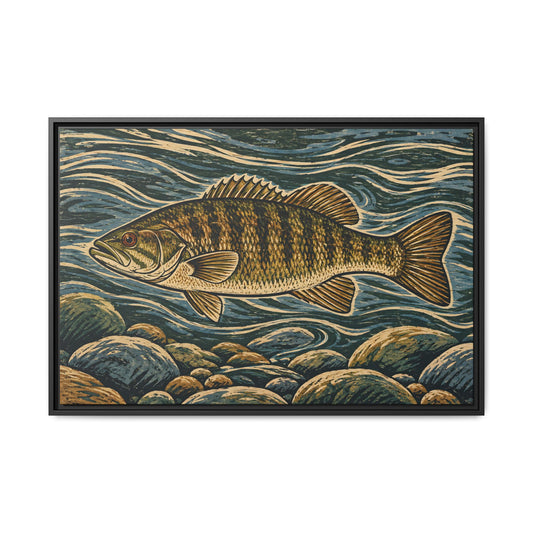 A woodblock-style smallmouth bass swimming through swirling river current, fishing wall art framed canvas
