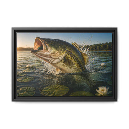 Lily Pad Explosion Largemouth Bass framed canvas, 24x16 size view