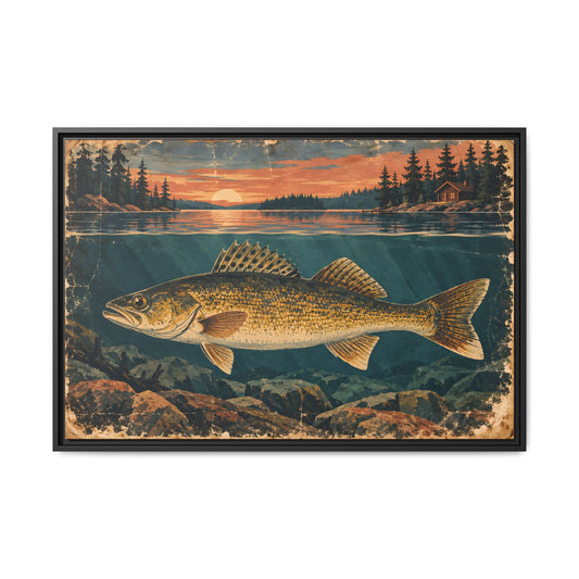 Vintage Lodge Poster Walleye framed canvas, 18x12 size view