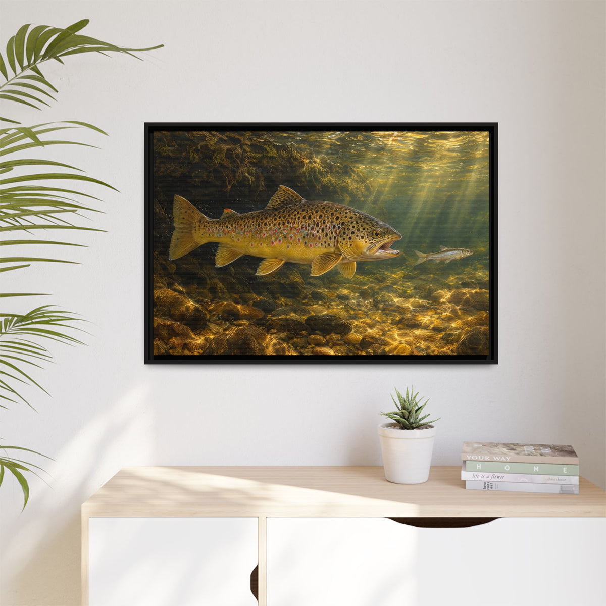 Streamer Chase Brown Trout framed canvas hanging in a living room