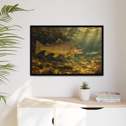 Streamer Chase Brown Trout framed canvas hanging in a living room