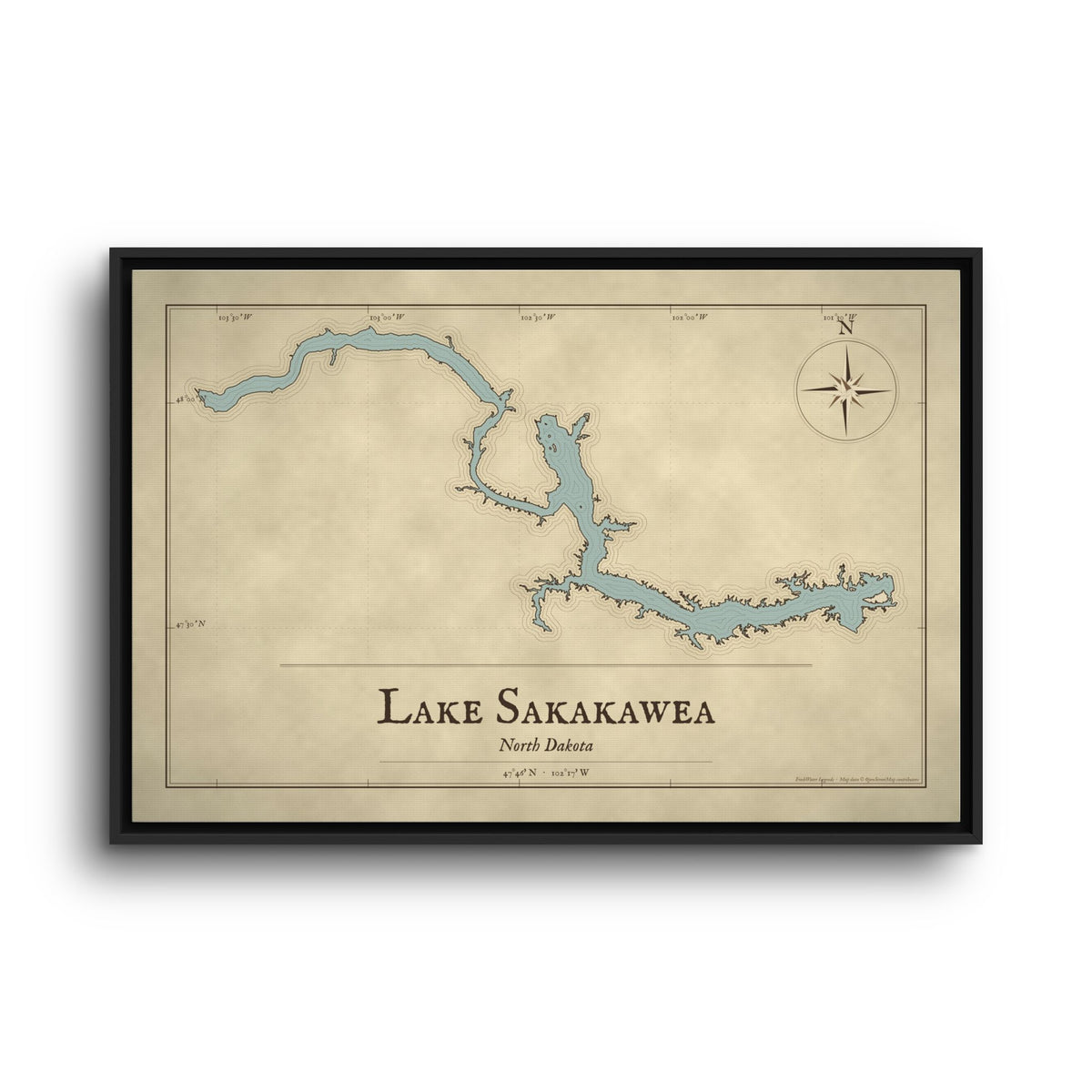 Lake Sakakawea Vintage Map framed canvas wall art, view 3