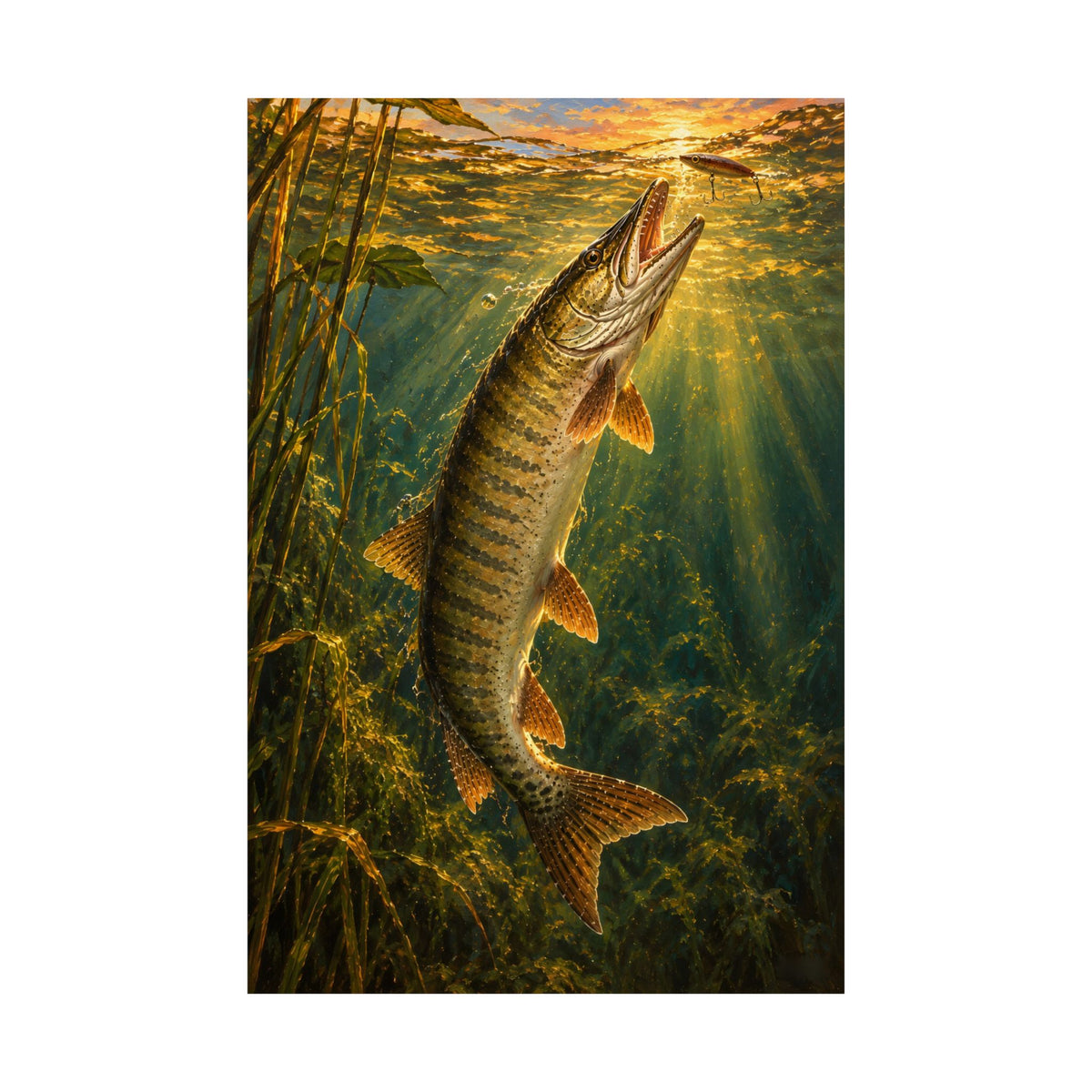 Golden Hour Muskie Oil Painting fishing poster close-up