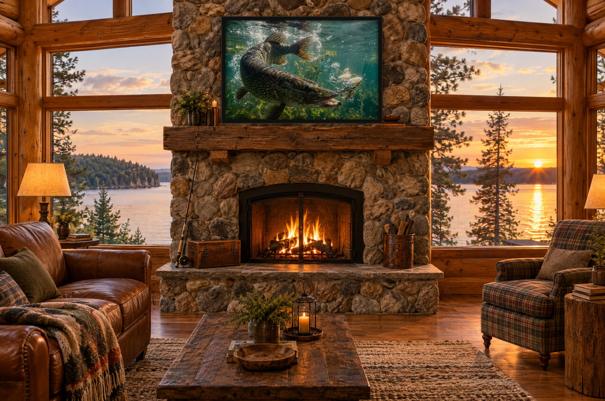 Framed northern pike wall art above a stone fireplace in a log cabin overlooking a lake at sunset