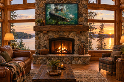 Framed northern pike wall art above a stone fireplace in a log cabin overlooking a lake at sunset