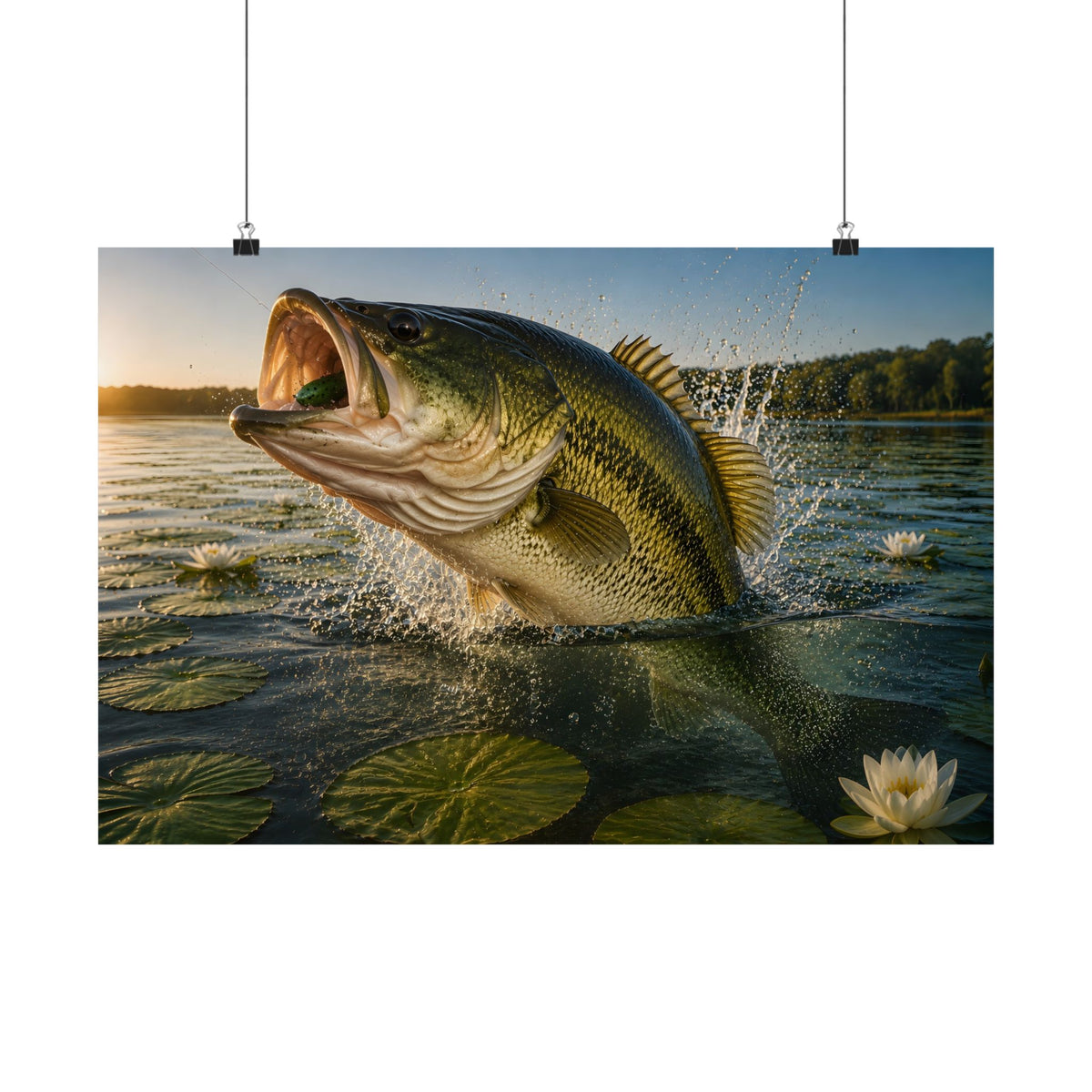 Largemouth Bass Lily Pad Explosion Poster — Freshwater Fish Wall Art for Anglers