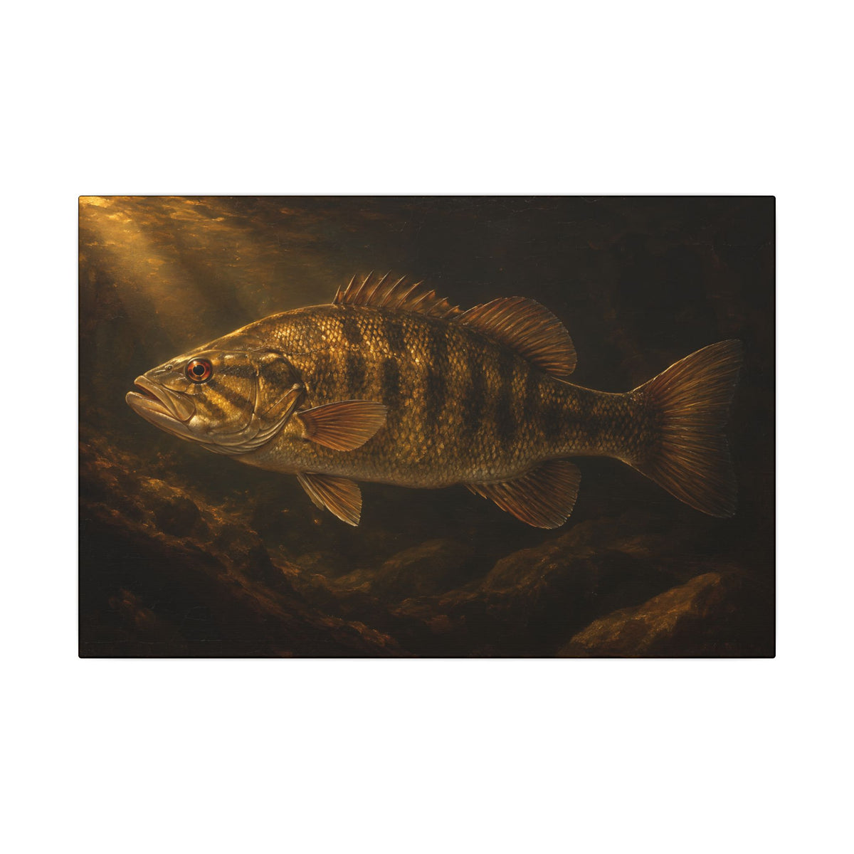 An old-master style painting of a big smallmouth glowing in lamplight, fishing wall art canvas