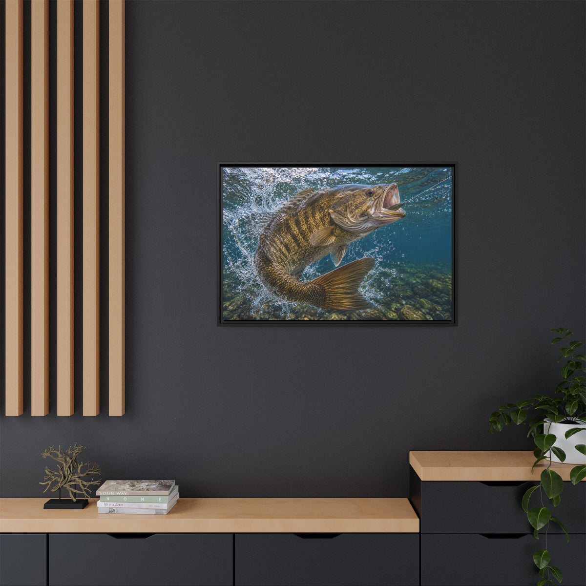 Boatside Fight Smallmouth Bass framed canvas wall art, view 6