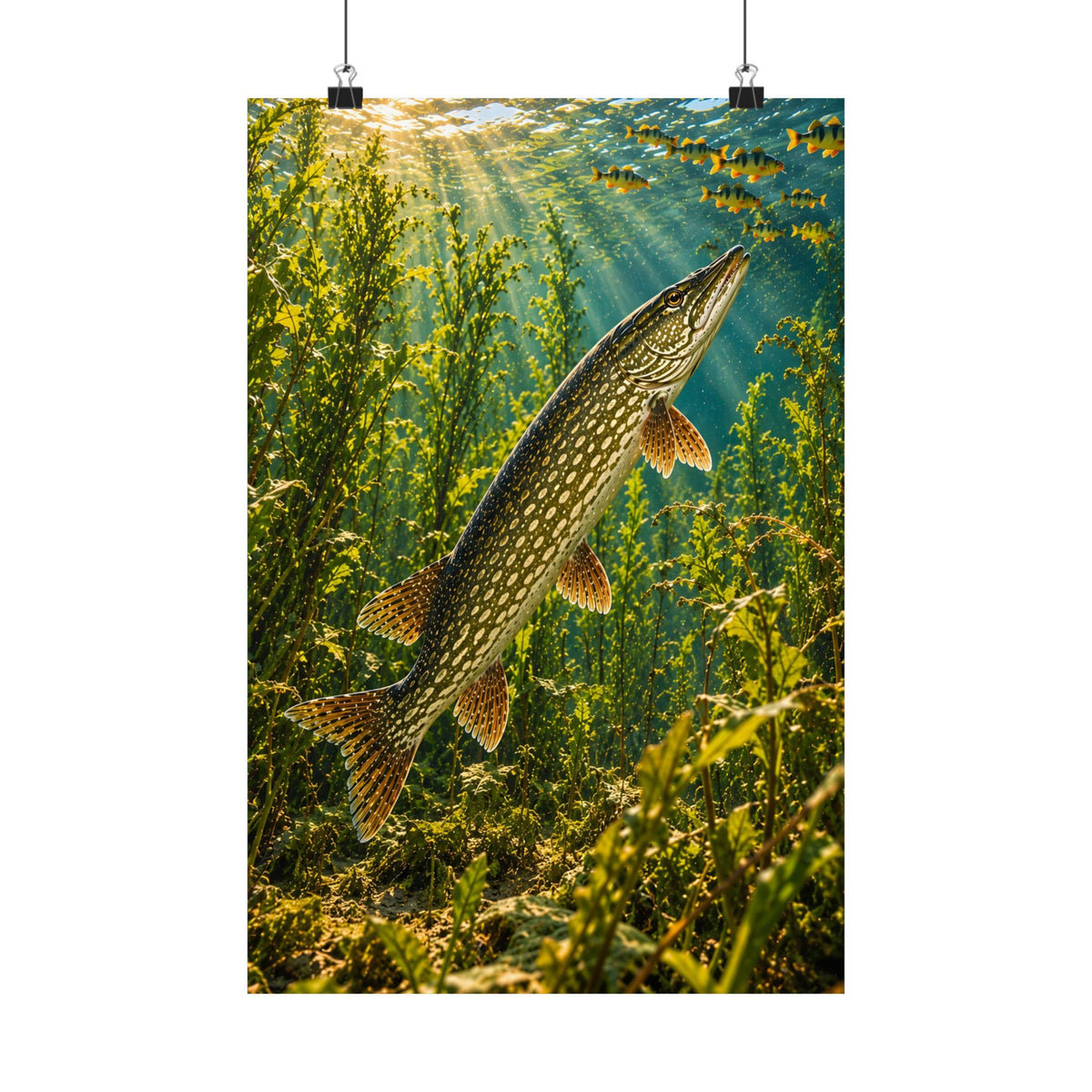 Northern Pike in the Weeds Underwater vertical poster wall art, 12x18 size view