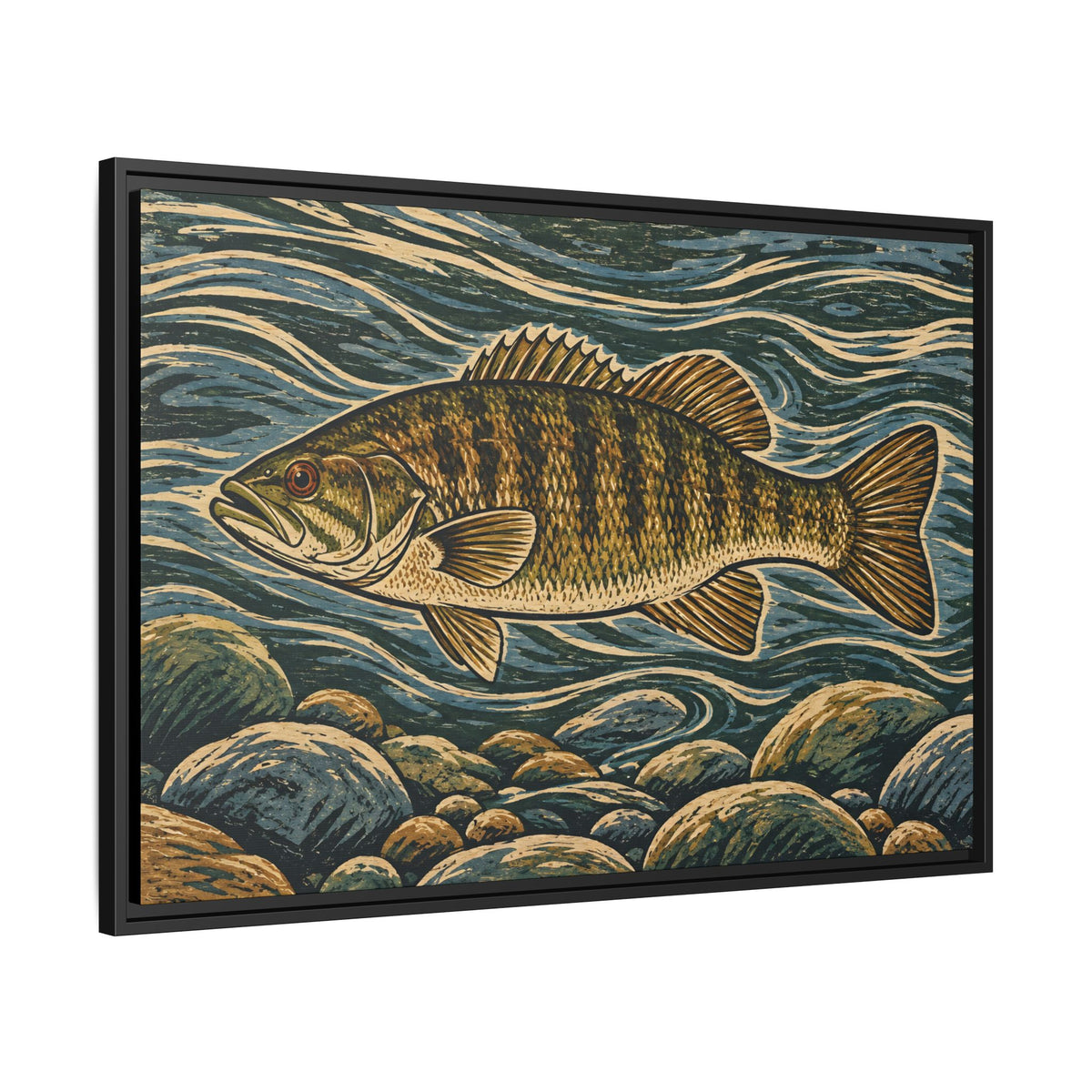 Woodcut River Smallmouth Framed Canvas wall art, view 4