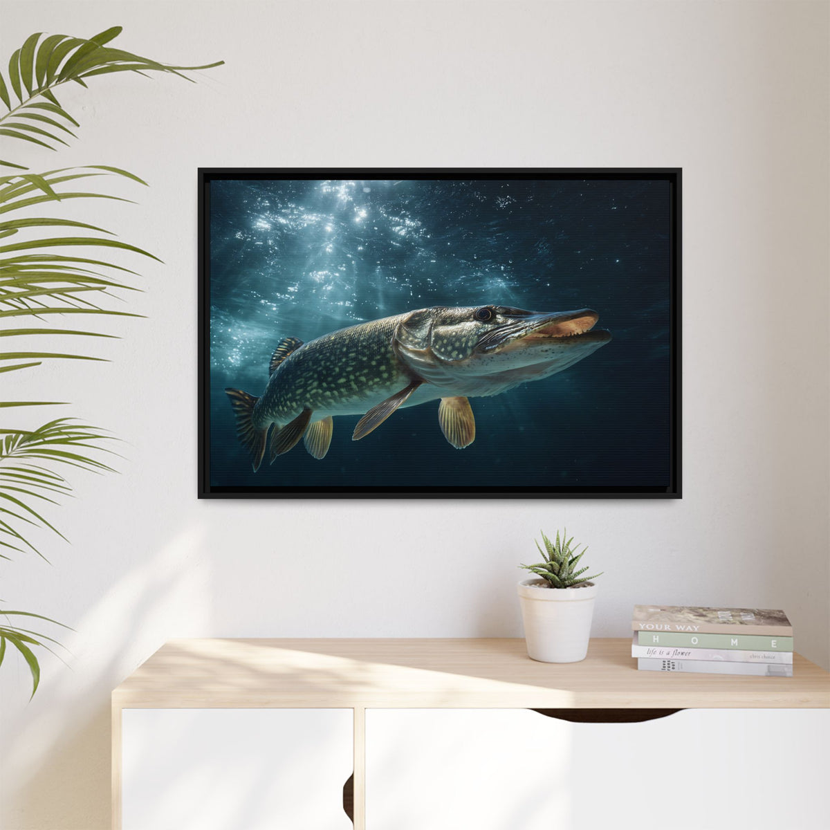Emerging from the Deep Northern Pike framed canvas hanging in a living room