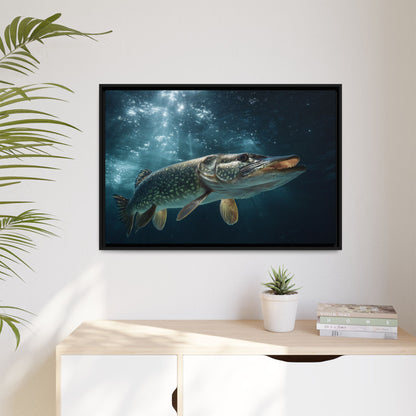 Emerging from the Deep Northern Pike framed canvas hanging in a living room
