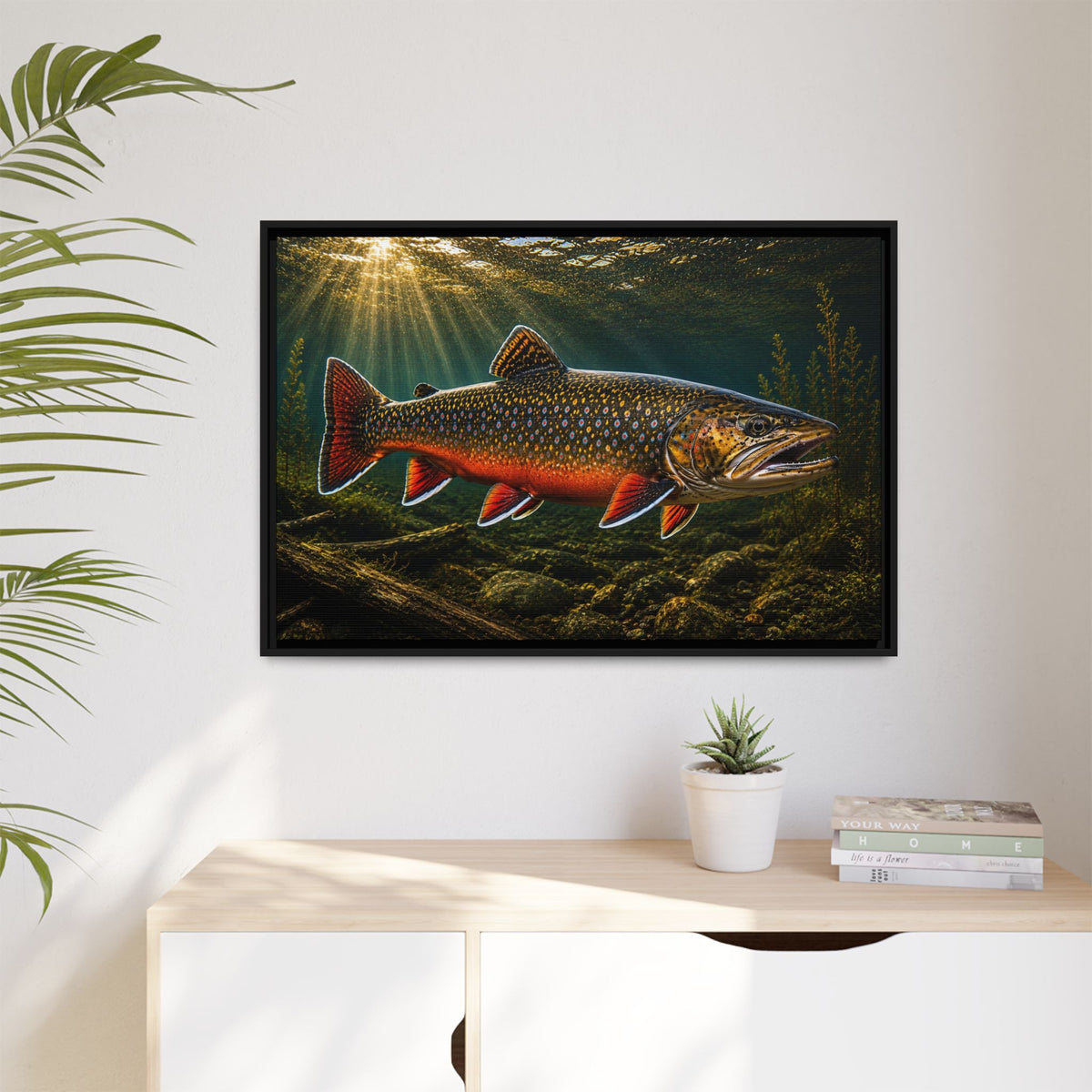 Swimming Upstream at Sundown Brook Trout framed canvas wall art, view 5