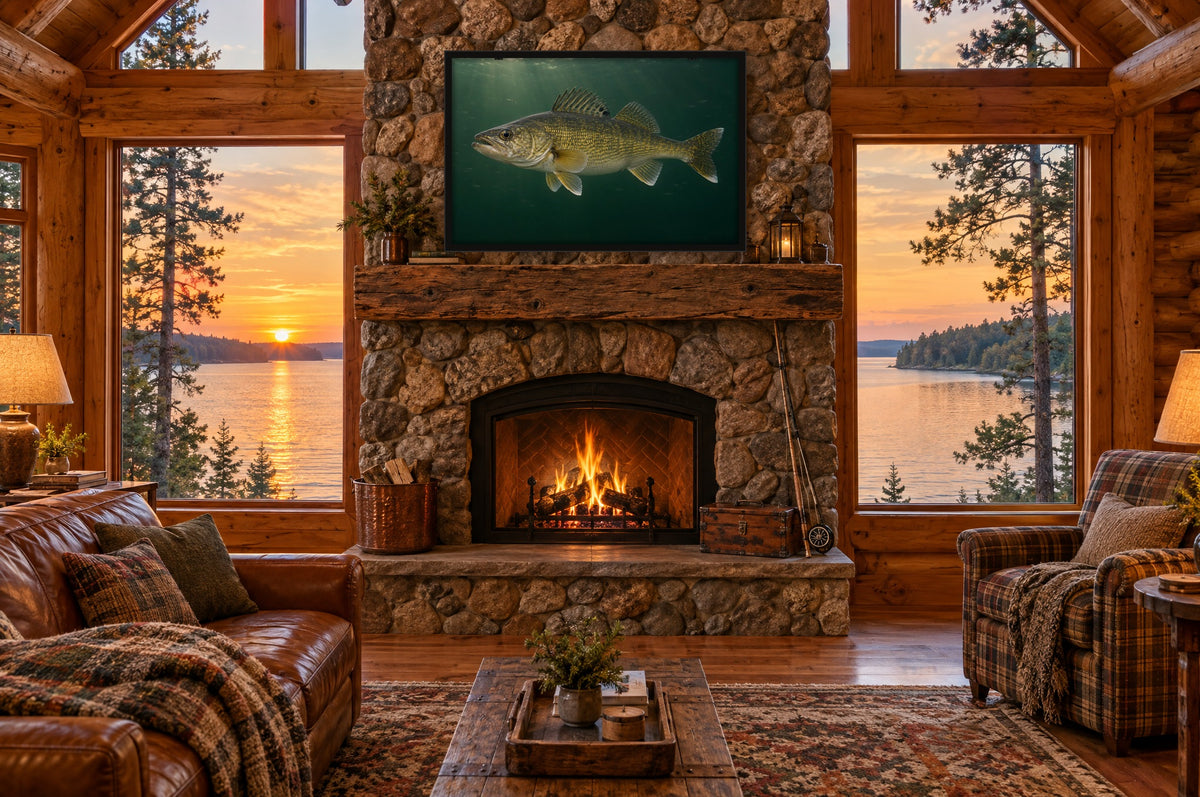 Framed trophy walleye wall art above a stone fireplace in a log cabin overlooking a lake at sunset