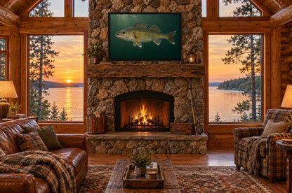 Framed trophy walleye wall art above a stone fireplace in a log cabin overlooking a lake at sunset