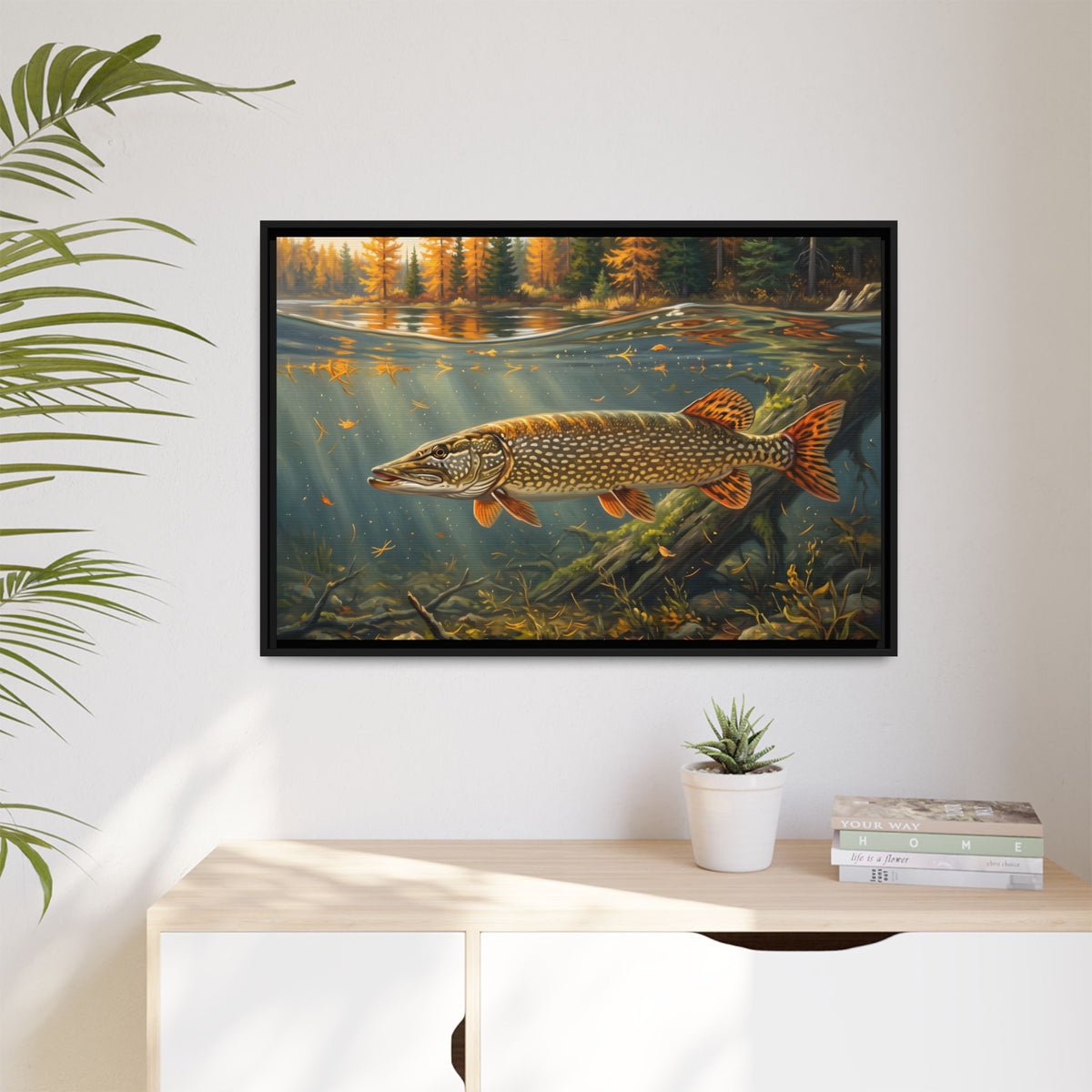 Tamarack Gold Northern Pike framed canvas hanging in a living room