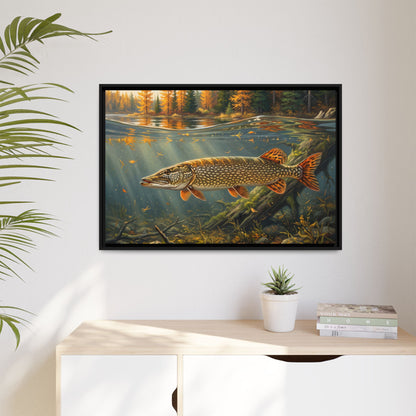 Tamarack Gold Northern Pike framed canvas hanging in a living room