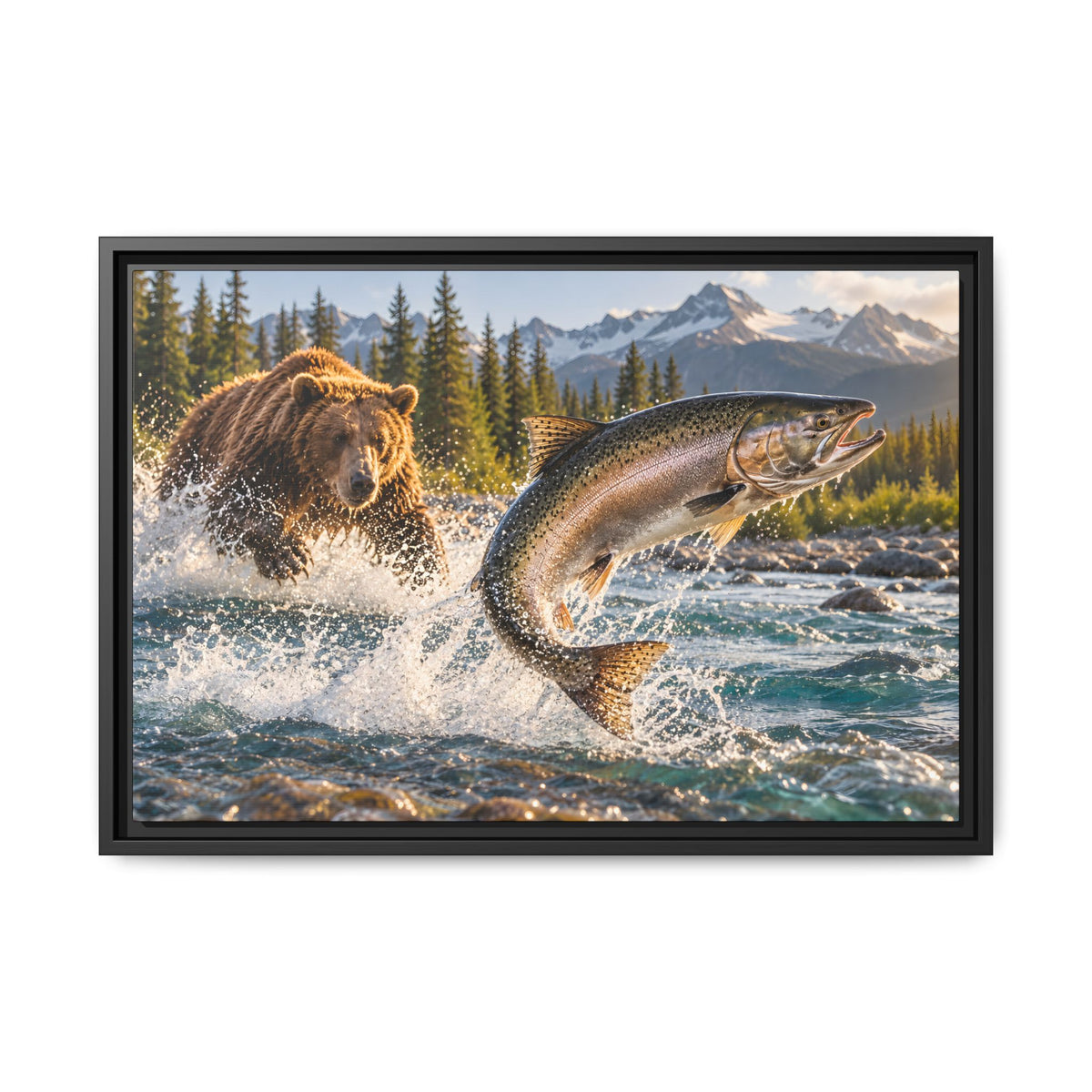 Grizzly Bear and Leaping Salmon framed canvas wall art, view 3