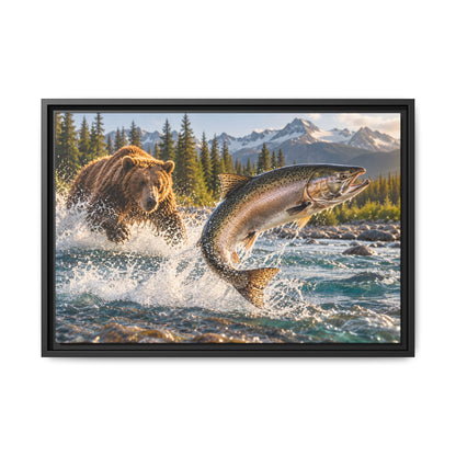 Grizzly Bear and Leaping Salmon framed canvas wall art, view 3