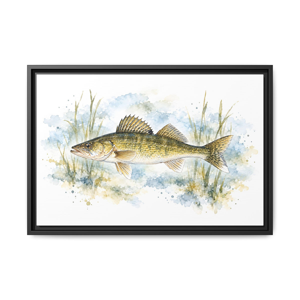 Watercolor Reeds Walleye framed canvas, 36x24 size view
