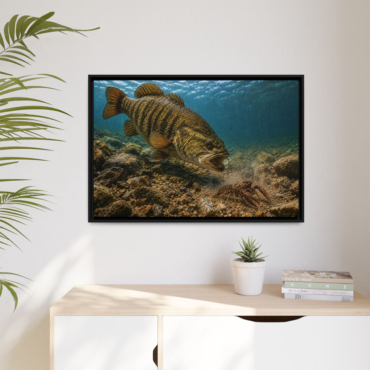 Crawfish Chase Smallmouth Bass framed canvas wall art, view 5