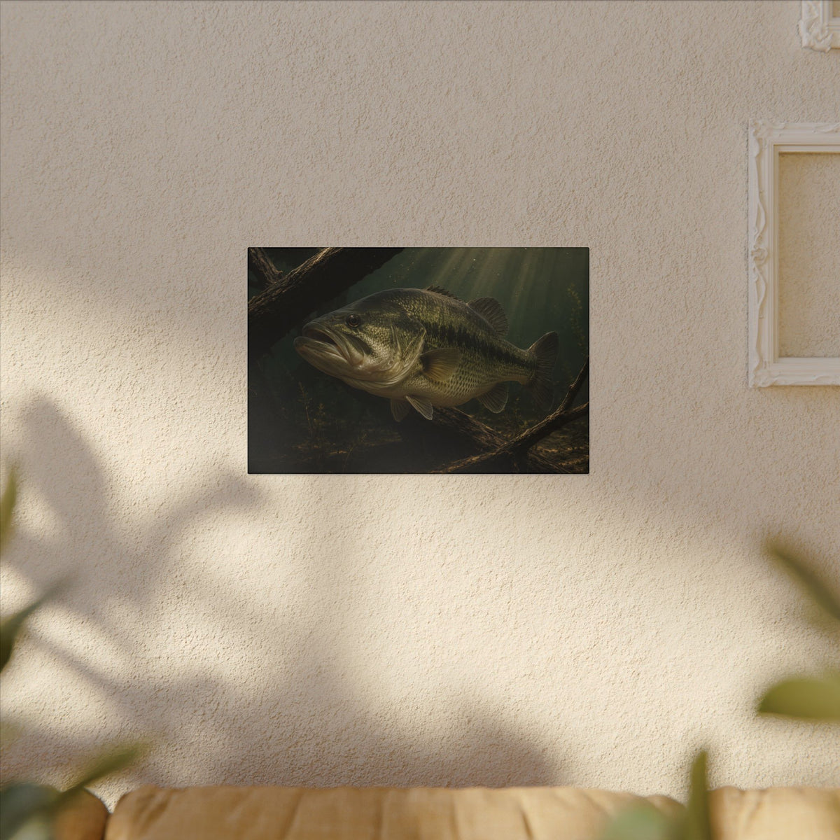 Timber Ambush Largemouth Bass canvas hanging in a living room