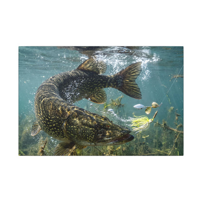 A northern pike turns hard to strike in clear water, fishing wall art canvas
