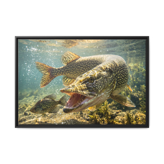 Northern Pike Crappie Chase Framed Canvas — Ready-to-Hang Wall Art for Anglers