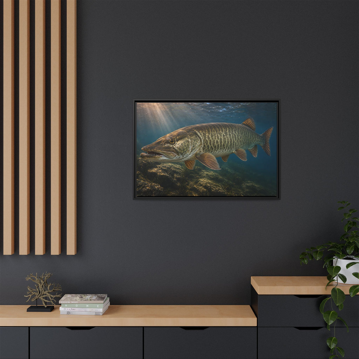 Toothy Close-Up Backlit Muskie framed canvas in a home office