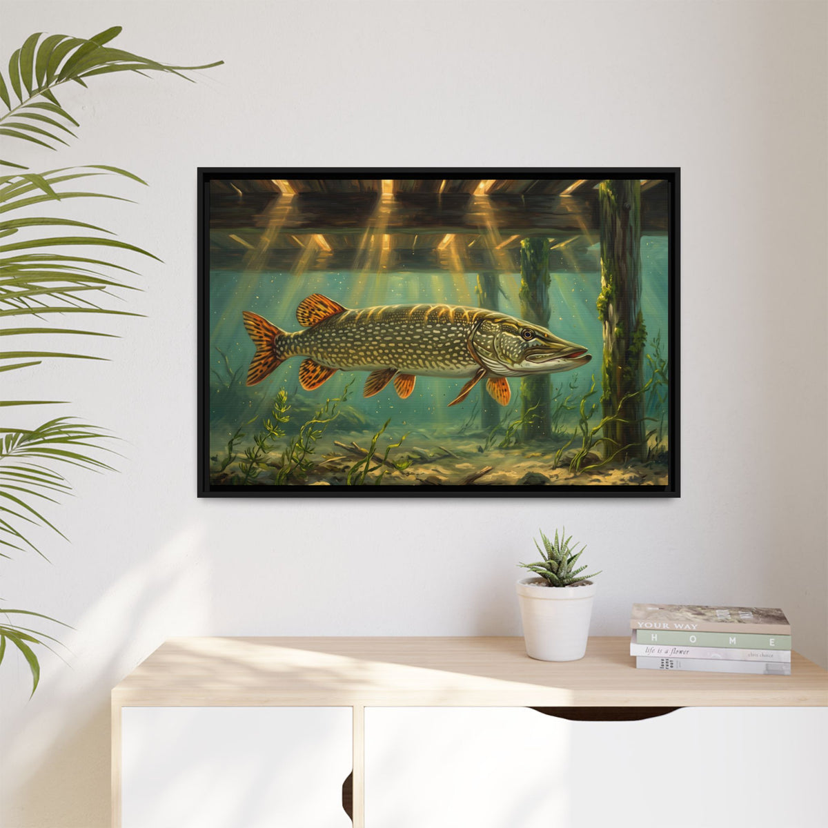 Under the Dock Northern Pike framed canvas hanging in a living room