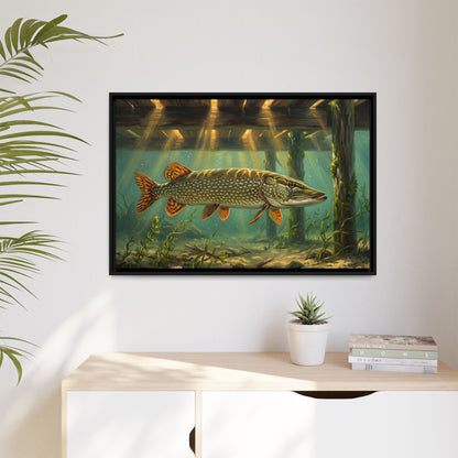 Under the Dock Northern Pike framed canvas hanging in a living room