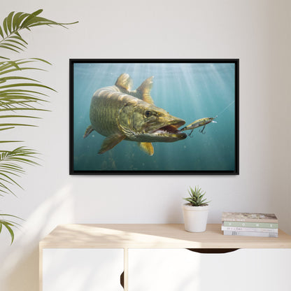 Chrome Jerkbait Strike Muskie framed canvas hanging in a living room