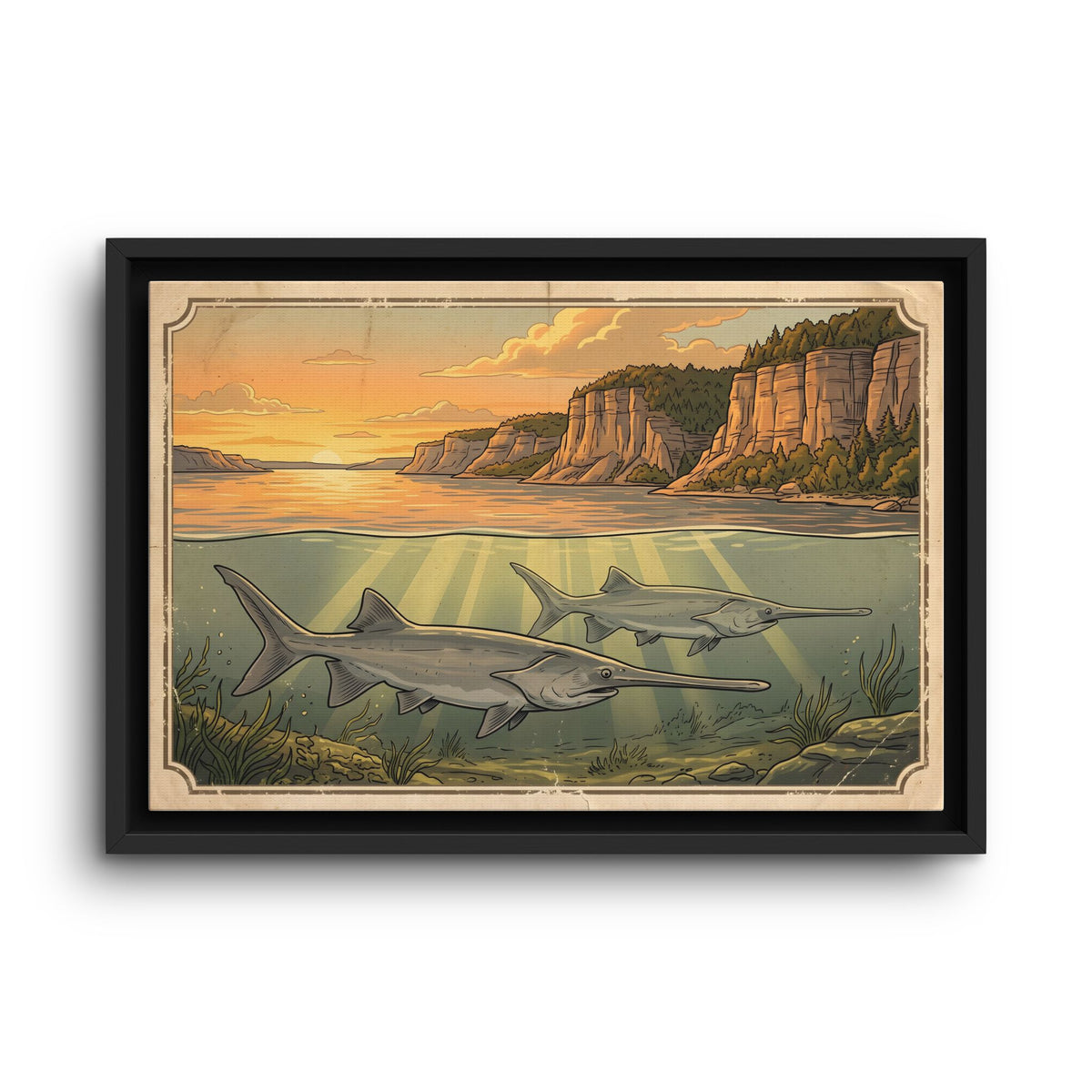 Paddlefish Below the Bluffs framed canvas wall art