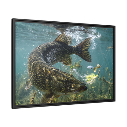 Northern Pike Turning Strike Framed Canvas — Ready-to-Hang Wall Art for Anglers