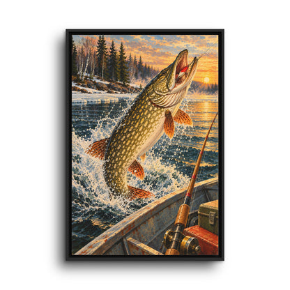Northern Pike Strike by the Boat framed canvas wall art, view 3