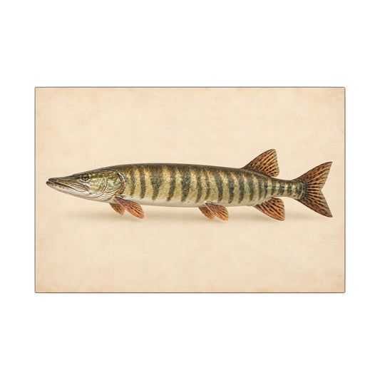A classic natural-history study of a trophy muskie on cream parchment, fishing wall art canvas
