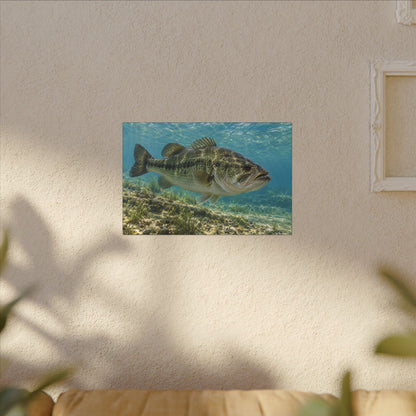 Aqua After the Wind Largemouth Bass canvas hanging in a living room